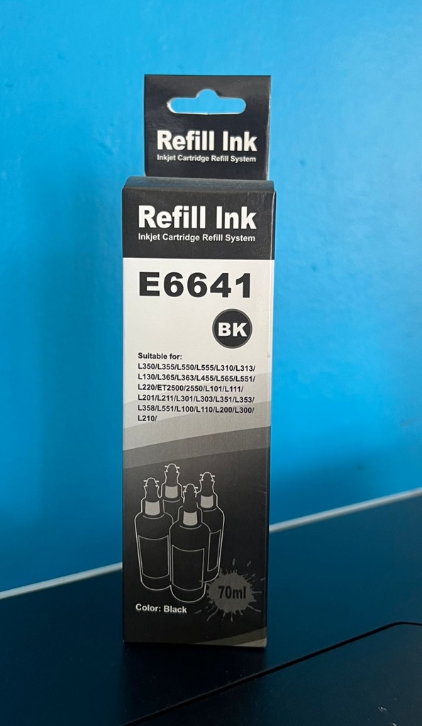 BOTELLA DE TINTA EPSON NEGRA GENERICA 70ML COMPATIBLE CON L350, L355, L550, L555, L310, L313, L130, L365, L363, L455, L565, L551, L220, L101, L111, L201, L211, L301, L303, L351, L353, L358, L551, L100, L110, L200, L300, L210, ET2500/2550 70ML (4,500 PAGINAS)