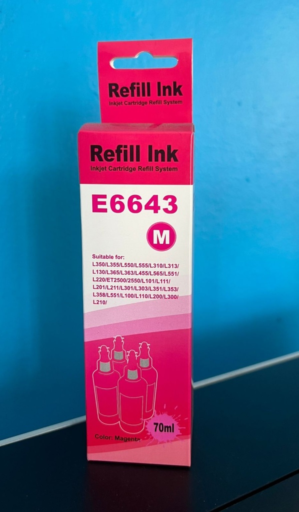 BOTELLA DE TINTA EPSON MAGENTA GENERICA 70ML COMPATIBLE CON L350, L355, L550, L555, L310, L313, L130, L365, L363, L455, L565, L551, L220, L101, L111, L201, L211, L301, L303, L351, L353, L358, L551, L100, L110, L200, L300, L210, ET2500/2550 70ML (7,000 PAGINAS)