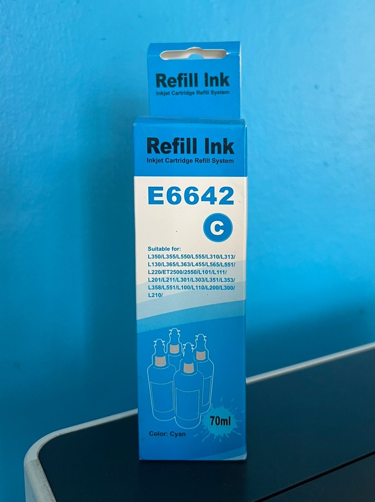 BOTELLA DE TINTA EPSON CYAN GENERICA 70ML COMPATIBLE CON L350, L355, L550, L555, L310, L313, L130, L365, L363, L455, L565, L551, L220, L101, L111, L201, L211, L301, L303, L351, L353, L358, L551, L100, L110, L200, L300, L210, ET2500/2550 70ML (7,000 PAGINAS)