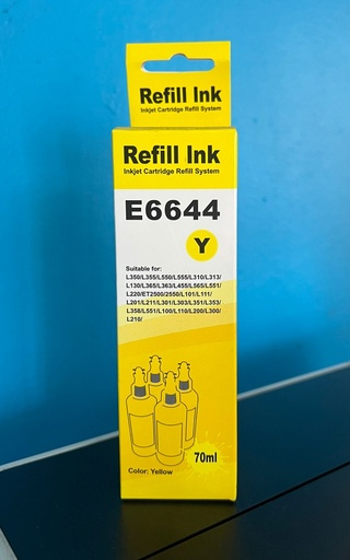 [E6644] Botella de tinta Epson Yellow genérica 70ML compatible con L350, L355, L550, L555, L310, L313, L130, L365, L363, L455, L565, L551, L220, L101, L111, L201, L211, L301, L303, L351, L353, L358, L551, L100, L110, L200, L300, L210, ET2500/2550 70ML (7,000 paginas)